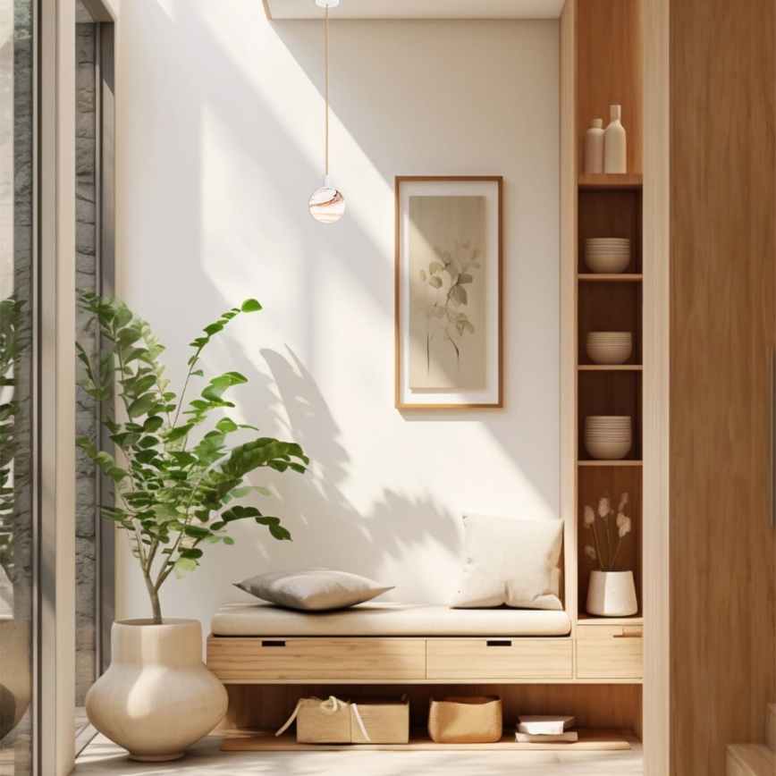 Argon 8451 - Candelabro suspenso ALMIROS 1xE14/7W/230V diâmetro 12 cm alabastro branco/dourada