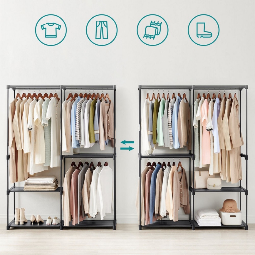 Armário de arrumação com prateleiras e barra para cabides MATIS 138x182 cm, preto