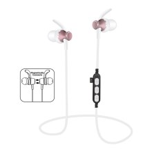 Auriculares Bluetooth com microfone e leitor de MicroSD branco/rosa