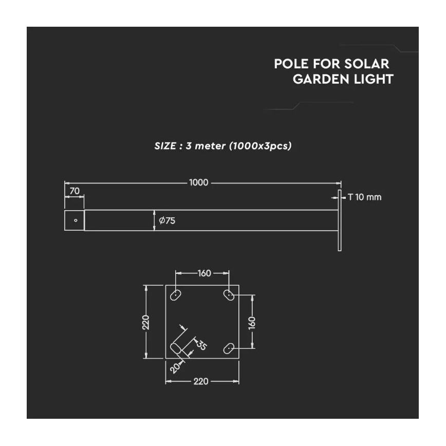Barra metálica com suporte para luminária solar 3 m