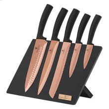 BerlingerHaus - Conjunto de facas de aço inoxidável com suporte magnético 6 peças de preto/ouro rosa
