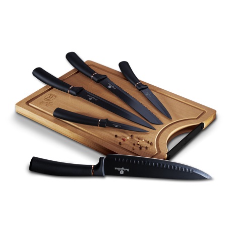 BerlingerHaus - Conjunto de facas de aço inoxidável com tábua de corte de bambu 6 pcs preto