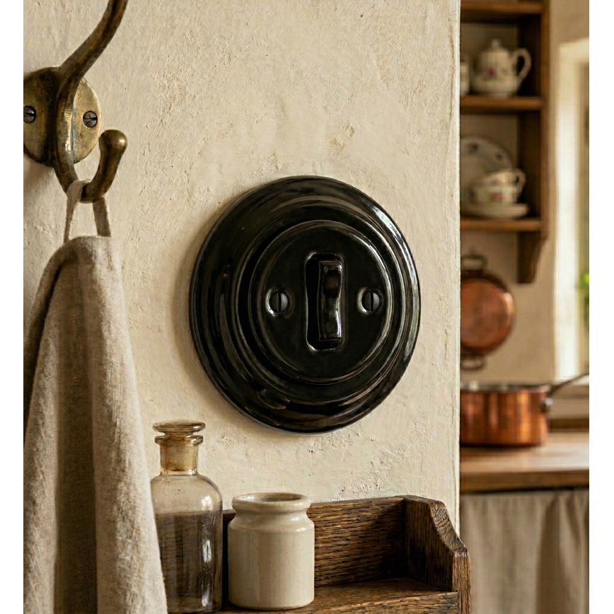 Bohemia-Design - Interruptor retro simples em porcelana com moldura n.º 6, preto