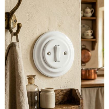 Bohemia-Design - Interruptor retro simples em porcelana com moldura, para campainha, branco