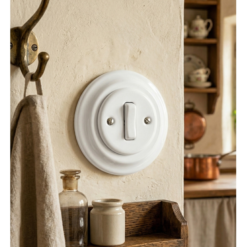 Bohemia-Design - Interruptor retro simples em porcelana com moldura, para campainha, branco