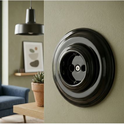 Bohemia-Design - Tomada de parede retro em porcelana com moldura SCHUKO 250V/16A preta