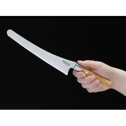 Böker - Faca de cozinha para pão em aço damasco DAMAST OLIVE 23,5 cm, madeira de oliveira