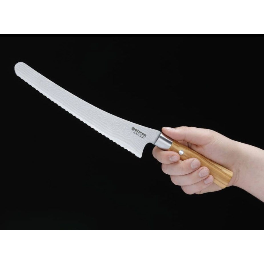 Böker - Faca de cozinha para pão em aço damasco DAMAST OLIVE 23,5 cm, madeira de oliveira