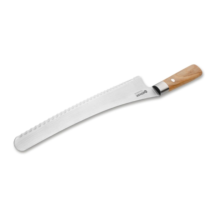 Böker - Faca de cozinha para pão em aço damasco DAMAST OLIVE 23,5 cm, madeira de oliveira