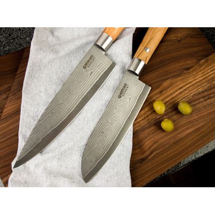Böker - Faca de cozinha santoku em aço damasco DAMAST OLIVE 17,2 cm madeira de oliveira