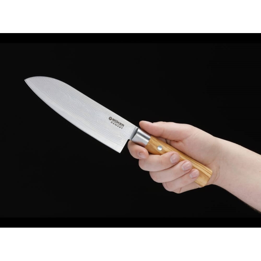 Böker - Faca de cozinha santoku em aço damasco DAMAST OLIVE 17,2 cm madeira de oliveira