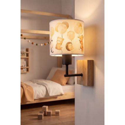 Brilagi - Candeeiro de parede infantil BOBO WOOD 1xE27/25W/230V carvalho/preto/branco/animais