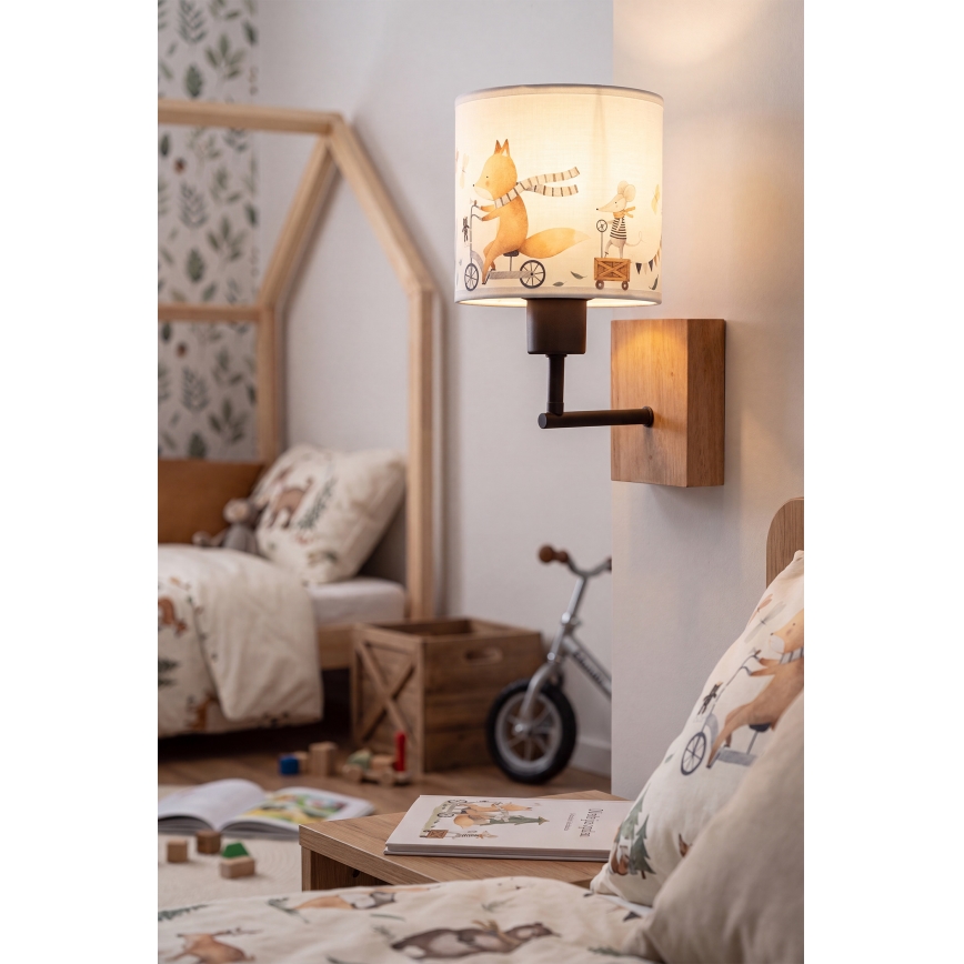 Brilagi - Arandela infantil BOBO WOOD 1xE27/25W/230V carvalho/preto/branco com motivos de animais