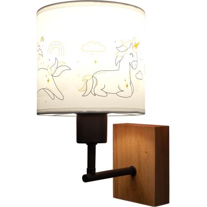 Brilagi - Aplique de parede infantil BOBO WOOD 1xE27/25W/230V carvalho/preto/branco/unicórnios
