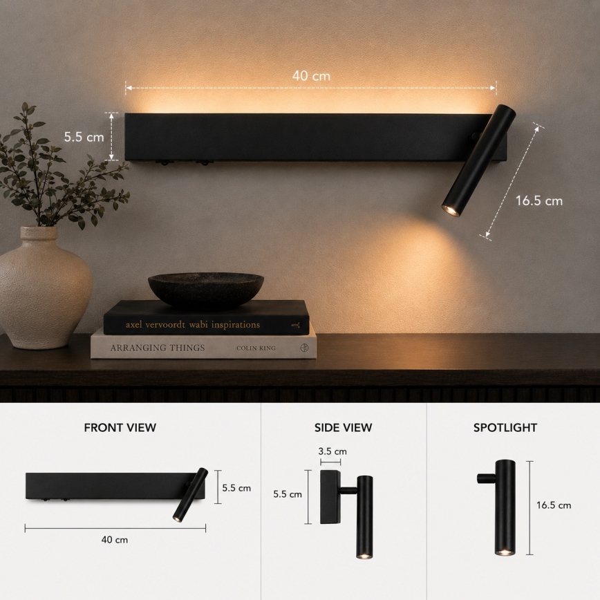 BRILAGI - Aplique de parede com spot LED ARLIX LED/3W/230V + LED/7W preto IRC 90