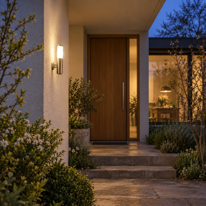 BRILAGI - Aplique de parede exterior com sensor ELIA 1xE27/20W/230V IP44 cromado fosco
