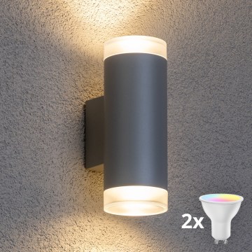 Brilagi - Aplique de parede exterior LED RGBW dimerizável MATERA 2xGU10/4,8W/230V 3000K IP54 cinzento + comando remoto