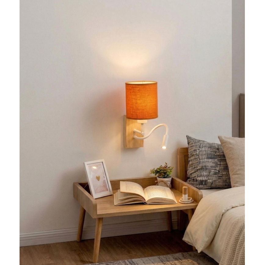 Brilagi - Aplique de parede LED flexível NUBILA WOOD 1xE27/25W/230V + LED/3W carvalho/branco/laranja