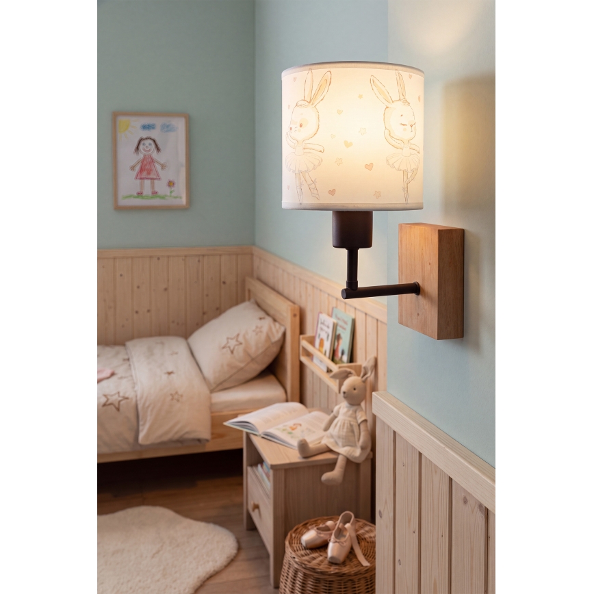 Brilagi - Candeeiro de parede infantil BOBO WOOD 1xE27/25W/230V carvalho/preto/branco/coelhinhos