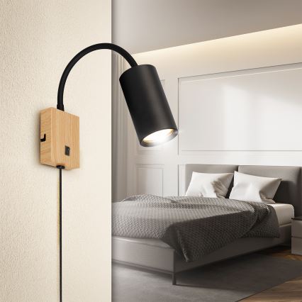 Brilagi - Aplique de parede flexível com interruptor SELE 1xGU10/30W/230V preto/efeito carvalho