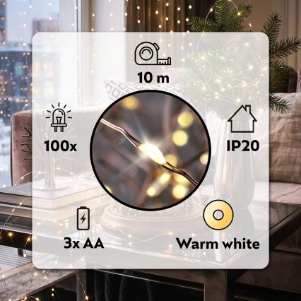 Brilagi - Cadeia de luzes LED de Natal 100xLED/3xAA 10m branco quente