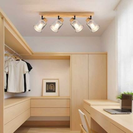 Brilagi - Candeeiro de focos HYGGE 4xE14/15W/230V madeira de seringueira/vidro fumê