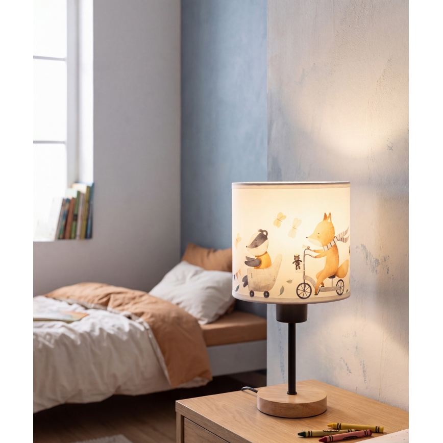 Brilagi - Candeeiro de mesa infantil BOBO WOOD 1xE27/25W/230V carvalho/preto/branco/animais