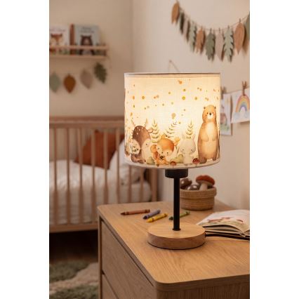 Brilagi - Candeeiro de mesa infantil BOBO WOOD 1xE27/25W/230V carvalho/preto/branco/motivos de animais