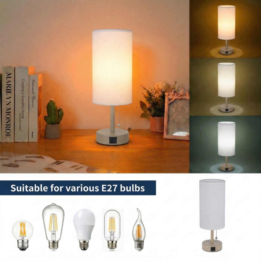 Brilagi - Candeeiro de mesa com porta USB TABLON 1xE27/25W/230V bege/branco