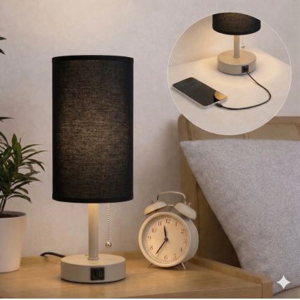 Brilagi - Candeeiro de mesa com porta USB TABLON 1xE27/25W/230V bege/preto