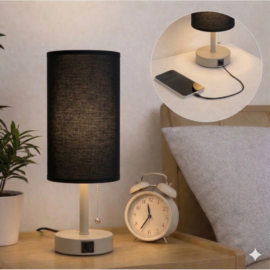 Brilagi - Candeeiro de mesa com porta USB TABLON 1xE27/25W/230V bege/preto