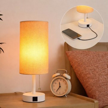Brilagi - Candeeiro de mesa com porta USB TABLON 1xE27/25W/230V branco/bege