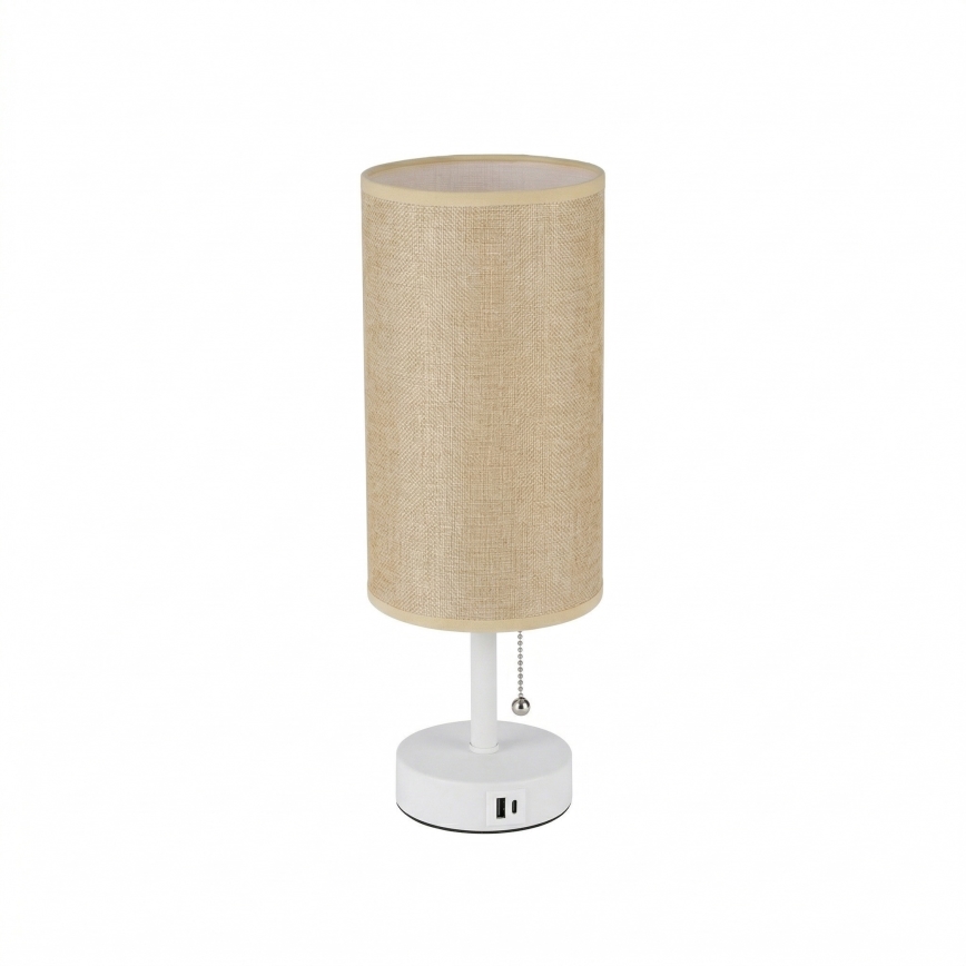 Brilagi - Candeeiro de mesa com porta USB TABLON 1xE27/25W/230V branco/bege
