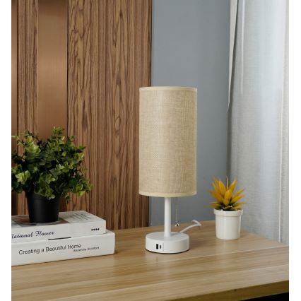 Brilagi - Candeeiro de mesa com porta USB TABLON 1xE27/25W/230V branco/bege