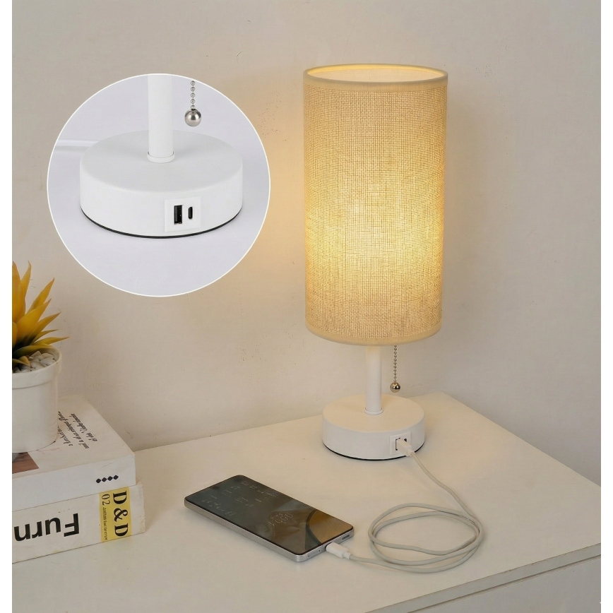 Brilagi - Candeeiro de mesa com porta USB TABLON 1xE27/25W/230V branco/bege