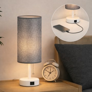 Brilagi - Candeeiro de mesa com porta USB TABLON 1xE27/25W/230V branco/cinza