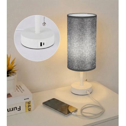 Brilagi - Candeeiro de mesa com porta USB TABLON 1xE27/25W/230V branco/cinza