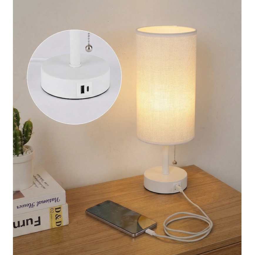 Brilagi - Candeeiro de mesa com porta USB TABLON 1xE27/25W/230V branco
