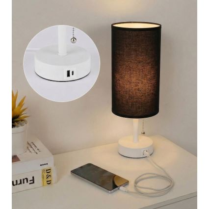 Brilagi - Candeeiro de mesa com porta USB TABLON 1xE27/25W/230V branco/preto