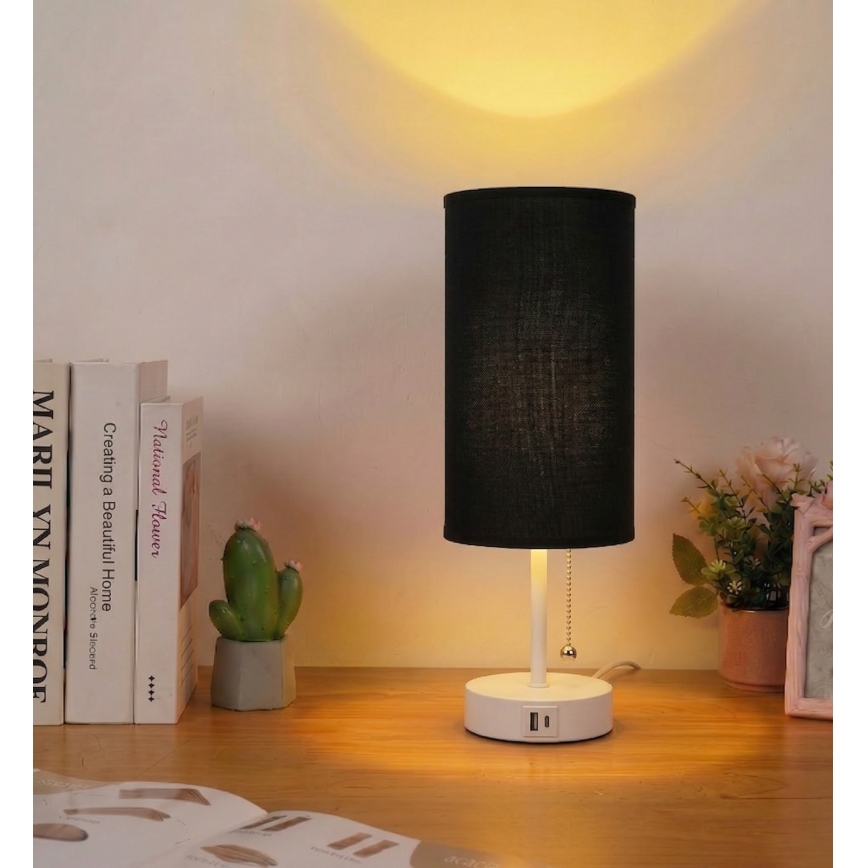 Brilagi - Candeeiro de mesa com porta USB TABLON 1xE27/25W/230V branco/preto