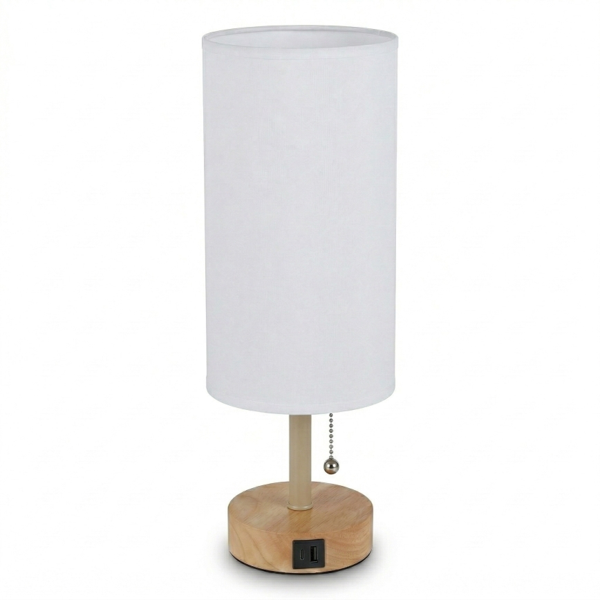 Brilagi - Candeeiro de mesa com porta USB TABLON 1xE27/25W/230V carvalho/bege/branco