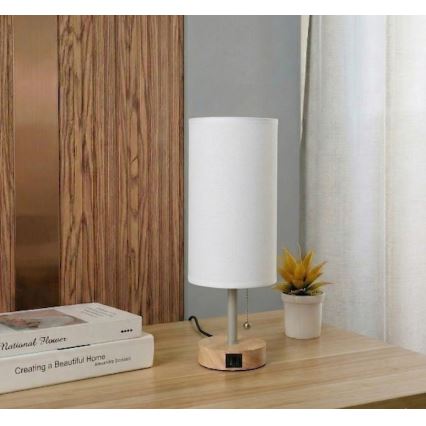 Brilagi - Candeeiro de mesa com porta USB TABLON 1xE27/25W/230V carvalho/bege/branco