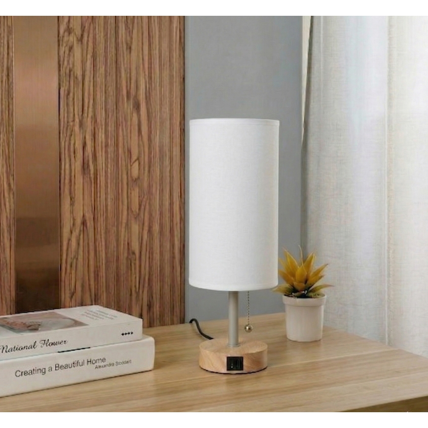 Brilagi - Candeeiro de mesa com porta USB TABLON 1xE27/25W/230V carvalho/bege/branco