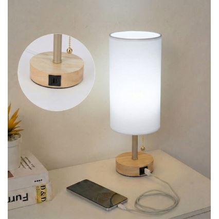 Brilagi - Candeeiro de mesa com porta USB TABLON 1xE27/25W/230V carvalho/bege/branco