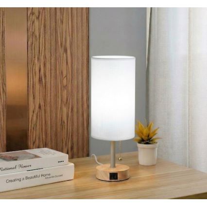 Brilagi - Candeeiro de mesa com porta USB TABLON 1xE27/25W/230V carvalho/bege/branco