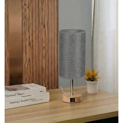 Brilagi - Candeeiro de mesa com porta USB TABLON 1xE27/25W/230V carvalho/bege/cinzento