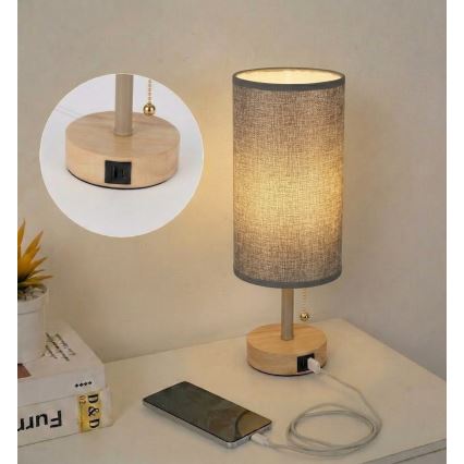Brilagi - Candeeiro de mesa com porta USB TABLON 1xE27/25W/230V carvalho/bege/cinzento