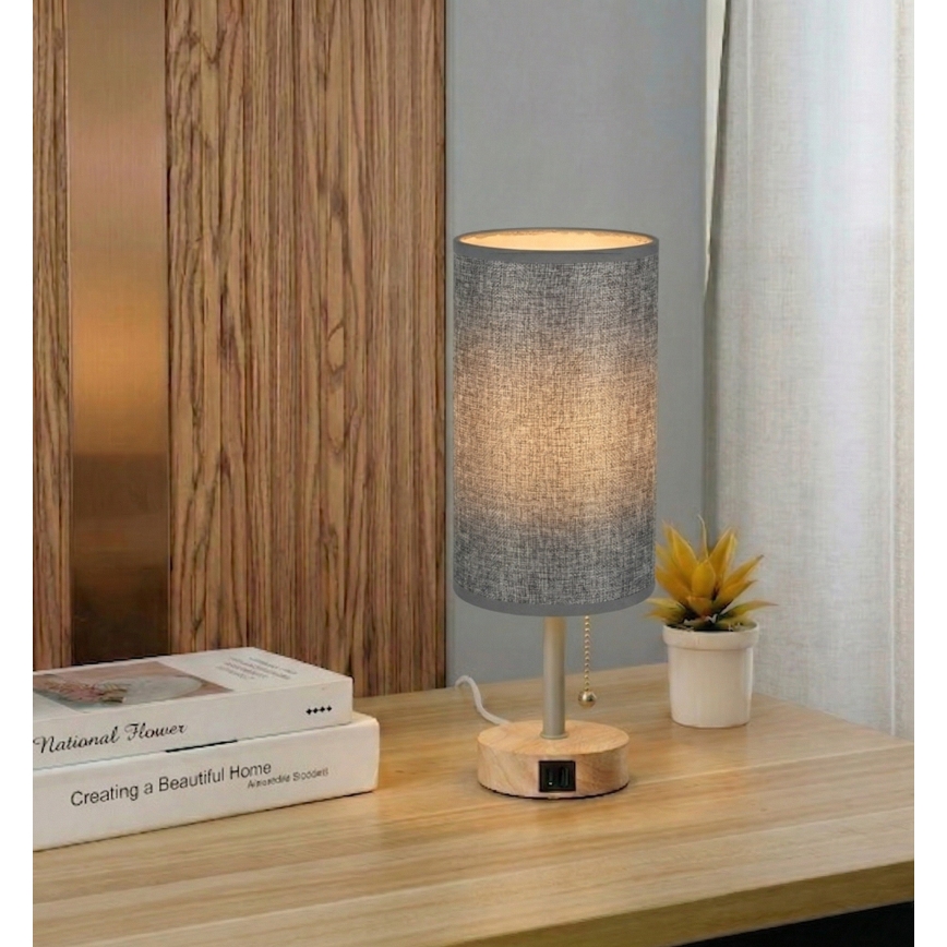 Brilagi - Candeeiro de mesa com porta USB TABLON 1xE27/25W/230V carvalho/bege/cinzento