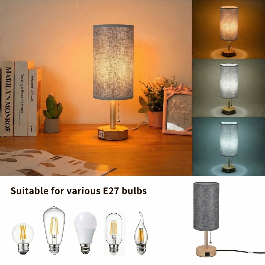 Brilagi - Candeeiro de mesa com porta USB TABLON 1xE27/25W/230V carvalho/bege/cinzento