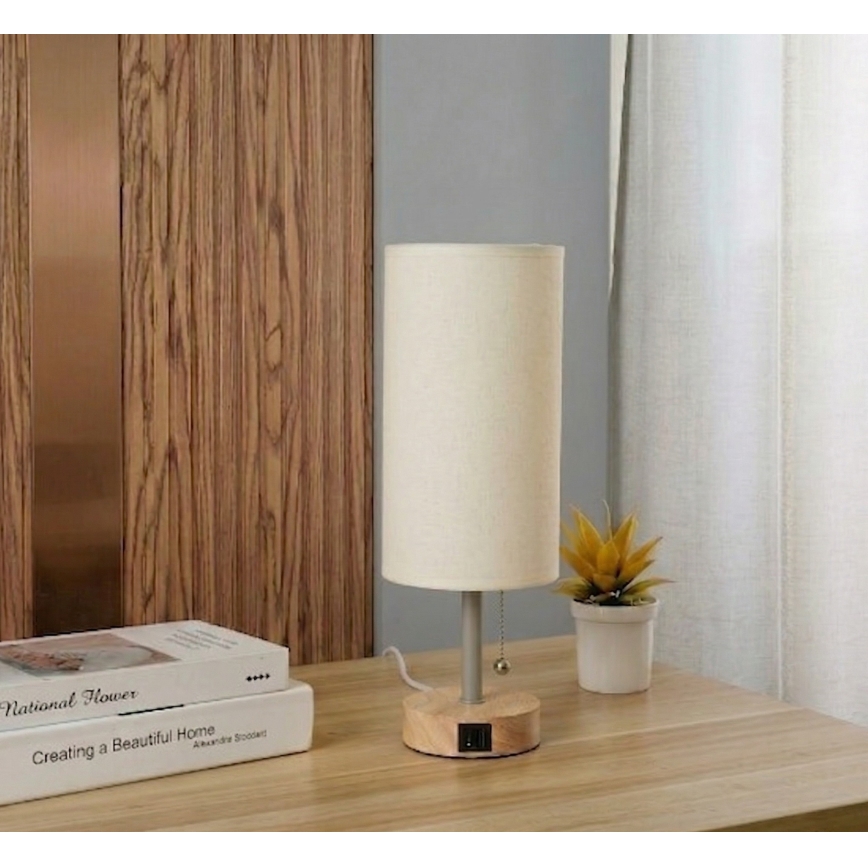 Brilagi - Candeeiro de mesa com porta USB TABLON 1xE27/25W/230V carvalho/bege/creme